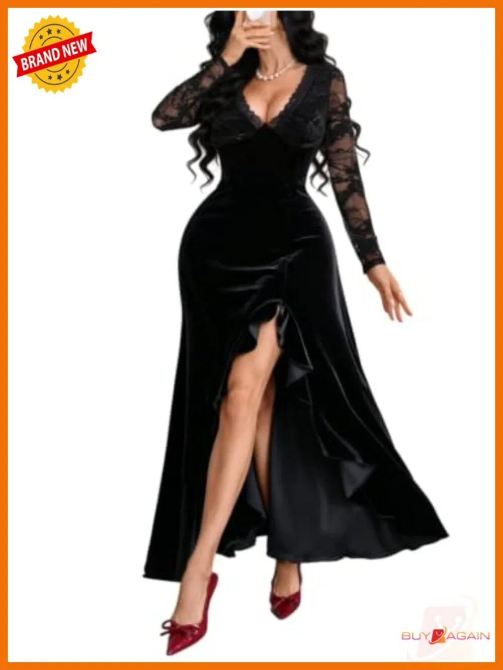 Velvet Lace Long Sleeve Maxi Dress Gothic Formal Gown